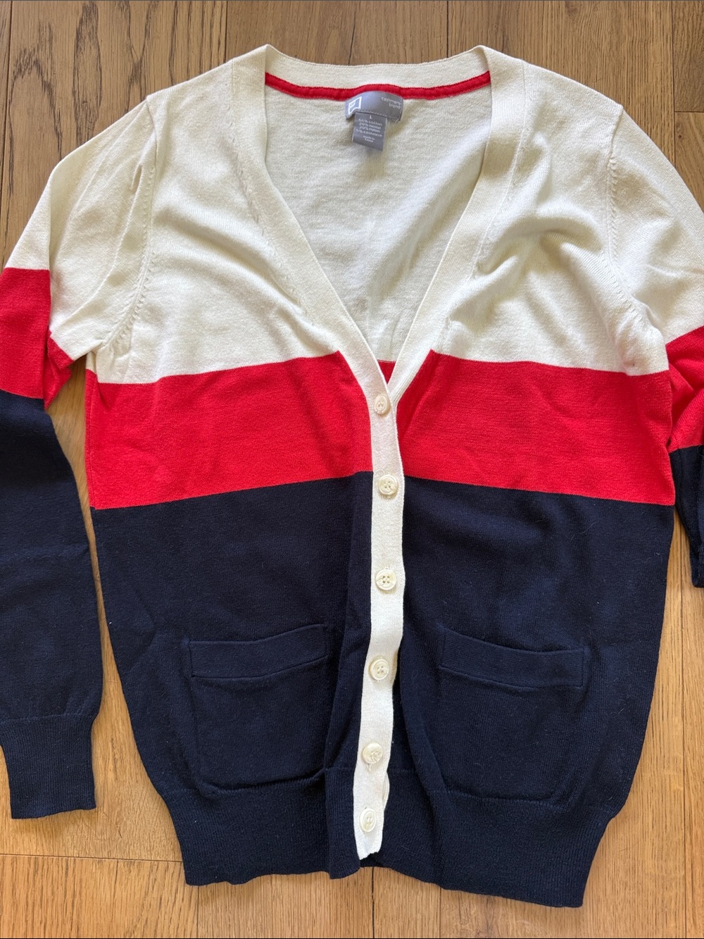 Striped V-Neck Button Cardigan in Cream, Red & Navy by JCP SKU 355